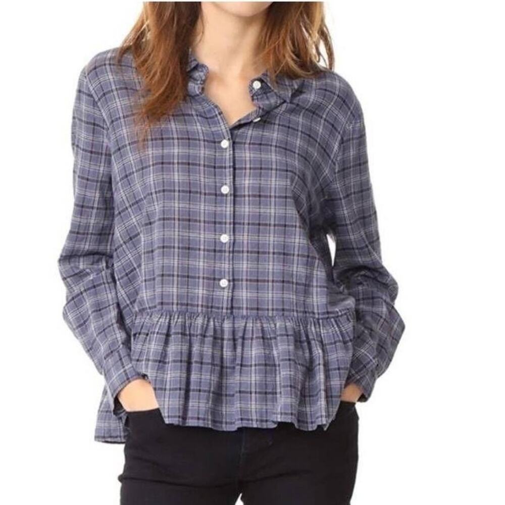 *The GREAT Ruffle Oxford Shirt Library Plaid Blue Cotton Women's Small